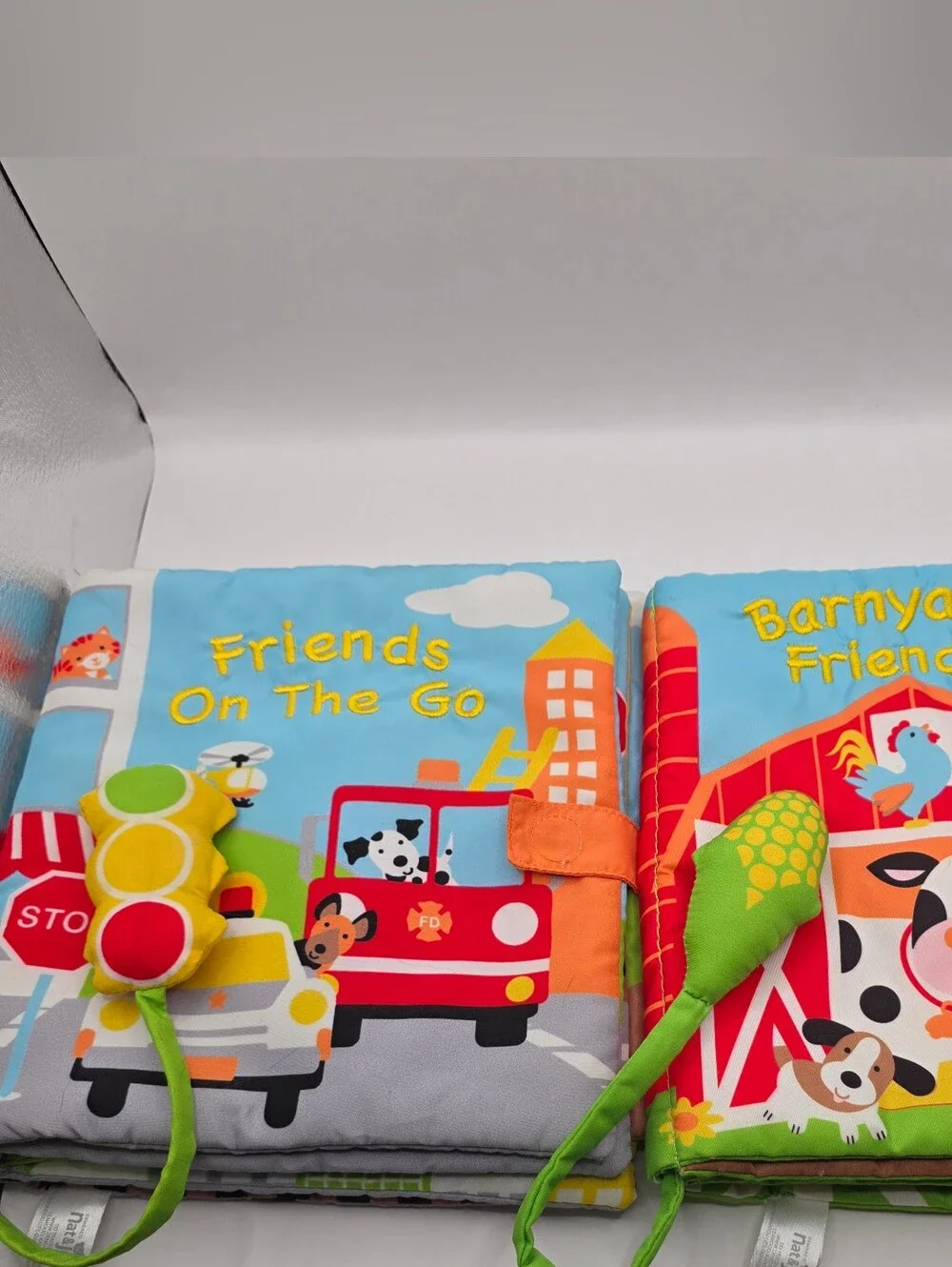 2 Demdaco Cloth Books w Sound Nat & Jules Barnyard Friends on the Go Toddler